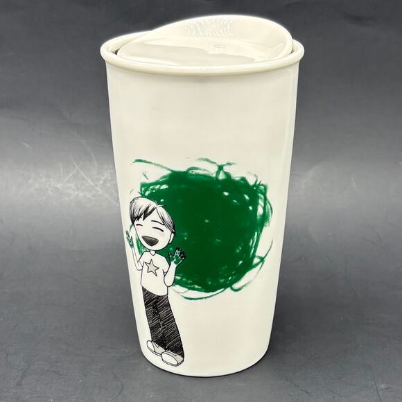 Starbucks Other - Starbucks Ceramic Travel Tumbler Green Dot Painting Child 12oz Coffee Cup 2015